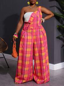 SHEIN CURVE+ 大码宽松休闲格子连体裤（带吊带） - 彩色 - 查看 1