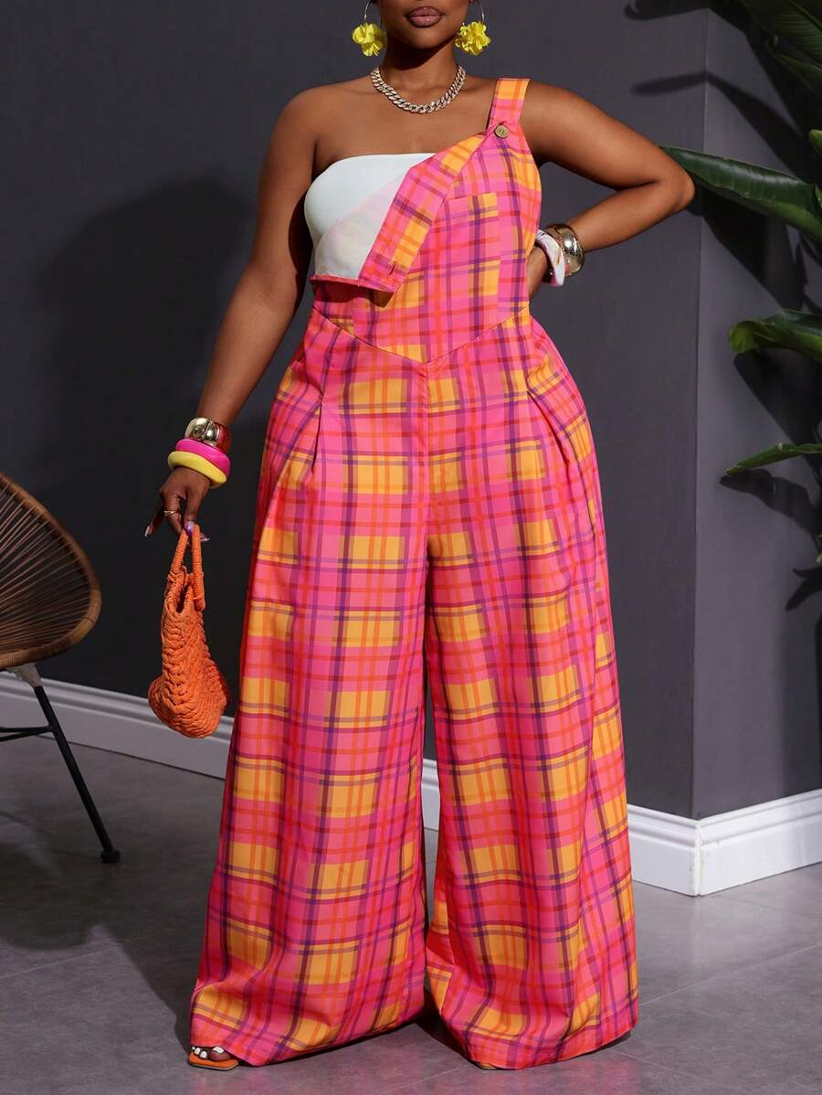 SHEIN CURVE+ 大码宽松休闲格子连体裤（带吊带） - 彩色 - 查看 1