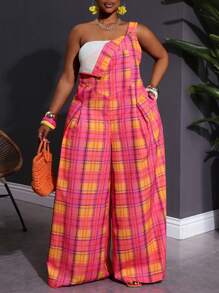 SHEIN CURVE+ 大码宽松休闲格子连体裤（带吊带） - 彩色 - 查看 6