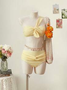 SHEIN MOD 单肩扭纹针织提花面料黄色时尚泳衣上衣 - 黃色 - 查看 1