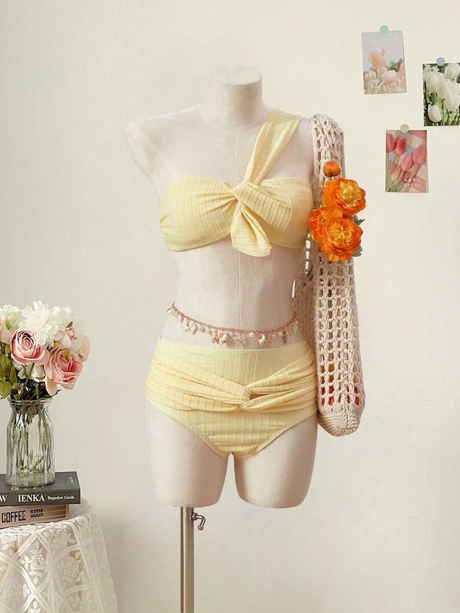 SHEIN MOD 单肩扭纹针织提花面料黄色时尚泳衣上衣 - 黃色 - 查看 1