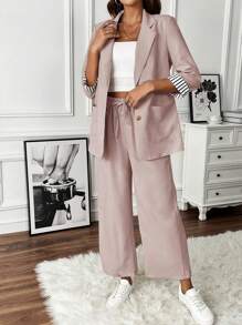 SHEIN Clasi Women's Commuter Striped Single-Breasted Blazer And Trouser Set - Pink - View 4
