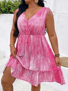 SHEIN VCAY Plus Size Summer Drawstring Shoulder Details Ruffle Hem Dress Graduation Dress Derby Dress Tie-Dye Summer Outfits For Women Vacation Outfits Women Country Concert Outfit Rave Outfits Festival Concert Outfits For Women Graduation Outfit European Summer Nashville Outfits Beach Vacation Tropical Vacation