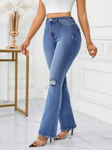 SHEIN Lady Damen Casual Skinny Distressed Flare Jeans, Blaue hohe Taille Jeans Damen Jeans hohe Taille Petite Jeans für Damen Plus Jeans für Damen Jeans Damen hohe Taille Sommerhose hohe Taille Jeans Flare Jeans Büro-Outfits für Damen Arbeitskleidung Damen Festival-Outfits für Damen Flare Jeans Business-Kleidung Damen Europäischer Sommer