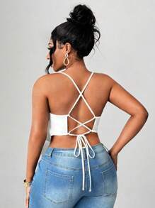 Maweii Plus Size Women High Elasticity Solid Knit Asymmetrical Hem Camisole - White - View 2