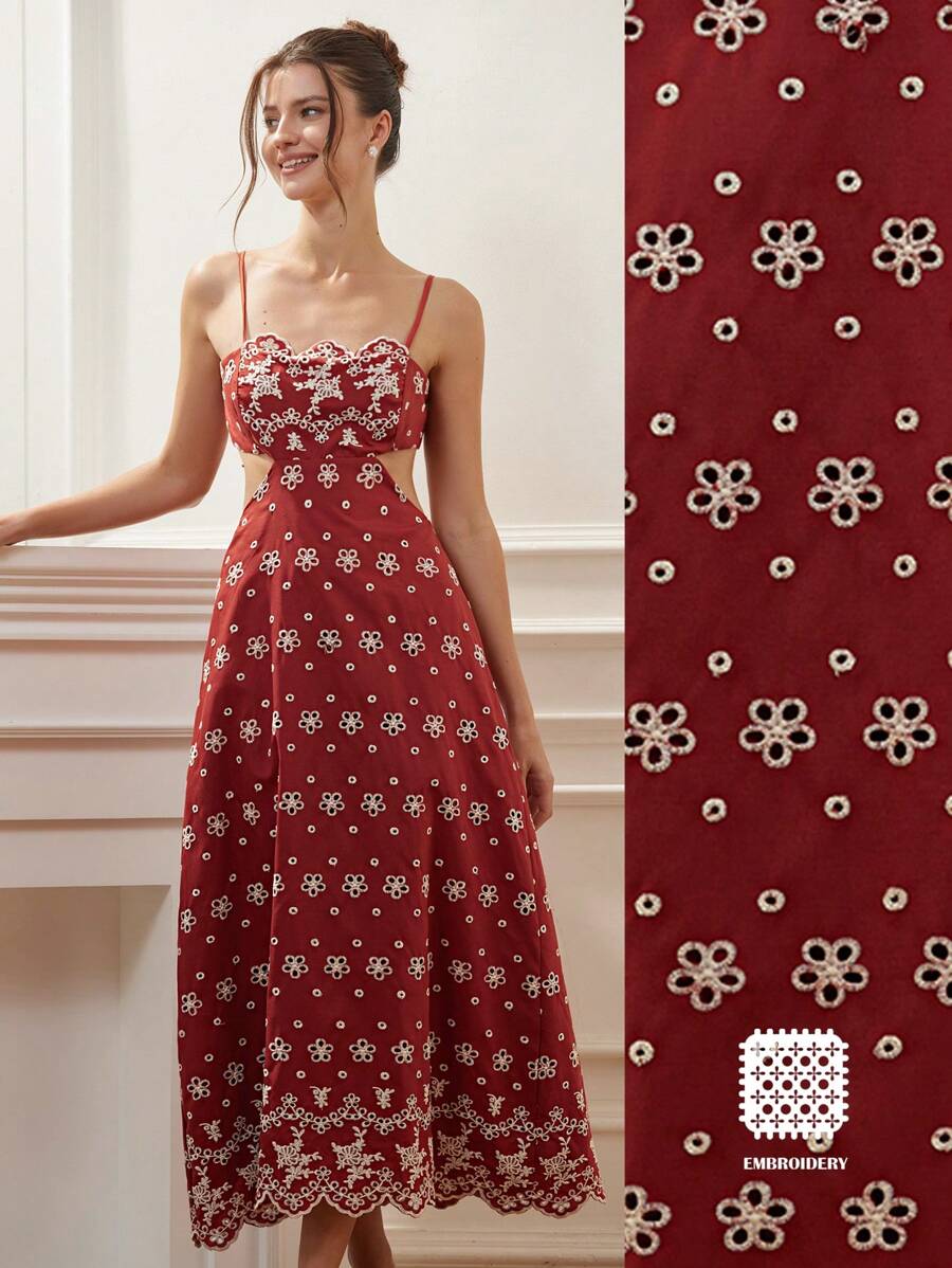 Aveloria Rosie 复古浪漫碎花刺绣镂空系带连衣裙，春夏波西米亚度假时尚风满版印花 - 紅色 - 查看 1