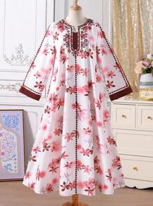 Teen Girl Floral Print Long Sleeve Robe - Red - View 1
