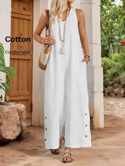 EMERY ROSE Women's Solid Color Sleeveless Pocket Minimalist Jumpsuit, Casual Everyday Wear