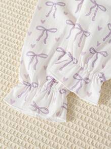 2pcs Baby Girls Casual White Base Color Pink Bow Ribbon Long Pants And Long Sleeve Homewear Set, Comfortable - Mauve Purple - View 3