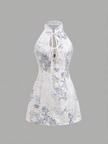 Sweetra 夏季新款中式旗袍无袖领黑色和金色花朵修身女式紧身连衣裙 - 黑色 - 查看 1