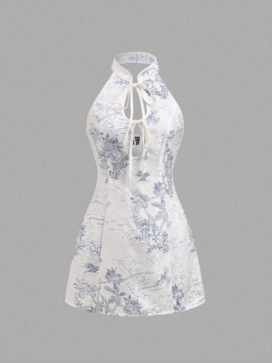 Sweetra 夏季新款中式旗袍无袖领黑色和金色花朵修身女式紧身连衣裙 - 黑色 - 查看 1