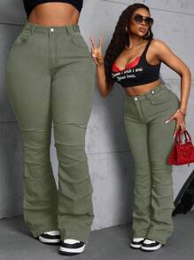 SHEIN SXY Plus Size Women Denim Elastic Retro Side Pleated Flare Pants, Slimming  Summer Outfits For Women Festival Outfits