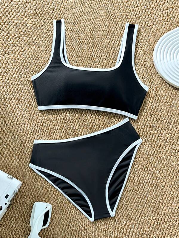 SHEIN Set de traje de baño a contraste en blanco y negro para adolescentes, con ajuste ceñido, para playa, vacaciones y uso casual