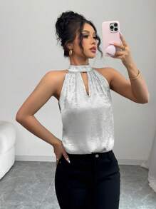 Elenzga 女士优雅露背无袖光泽衬衫，适合春夏季度假 - 銀色 - 查看 5