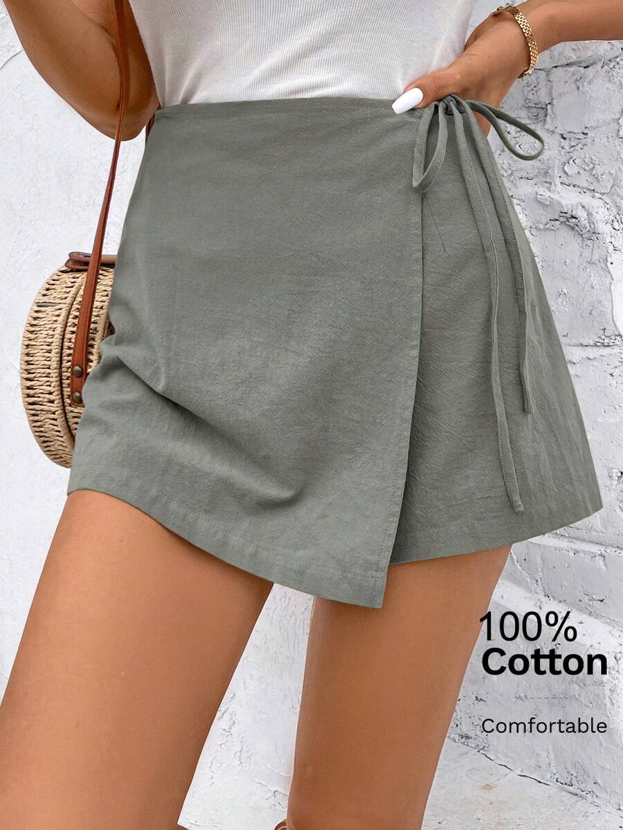 SHEIN Frenchy 结饰侧裹式不对称蝴蝶结短裙 - 灰色 - 查看 1