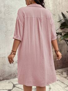 EMERY ROSE Plus Size Women Solid Color Short Sleeve Fashionable Summer Dress - Pink - View 2