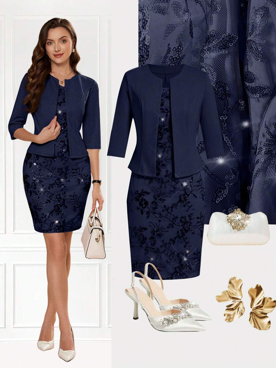 Ellevyn 2pcs Women Sequin Party Dress & Fitted Short Sleeve Outerwear Set Navy Blue