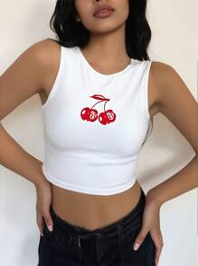 SHEIN Top corto sin mangas ajustado de estilo casual con estampado de cerezas para niña adolescente
