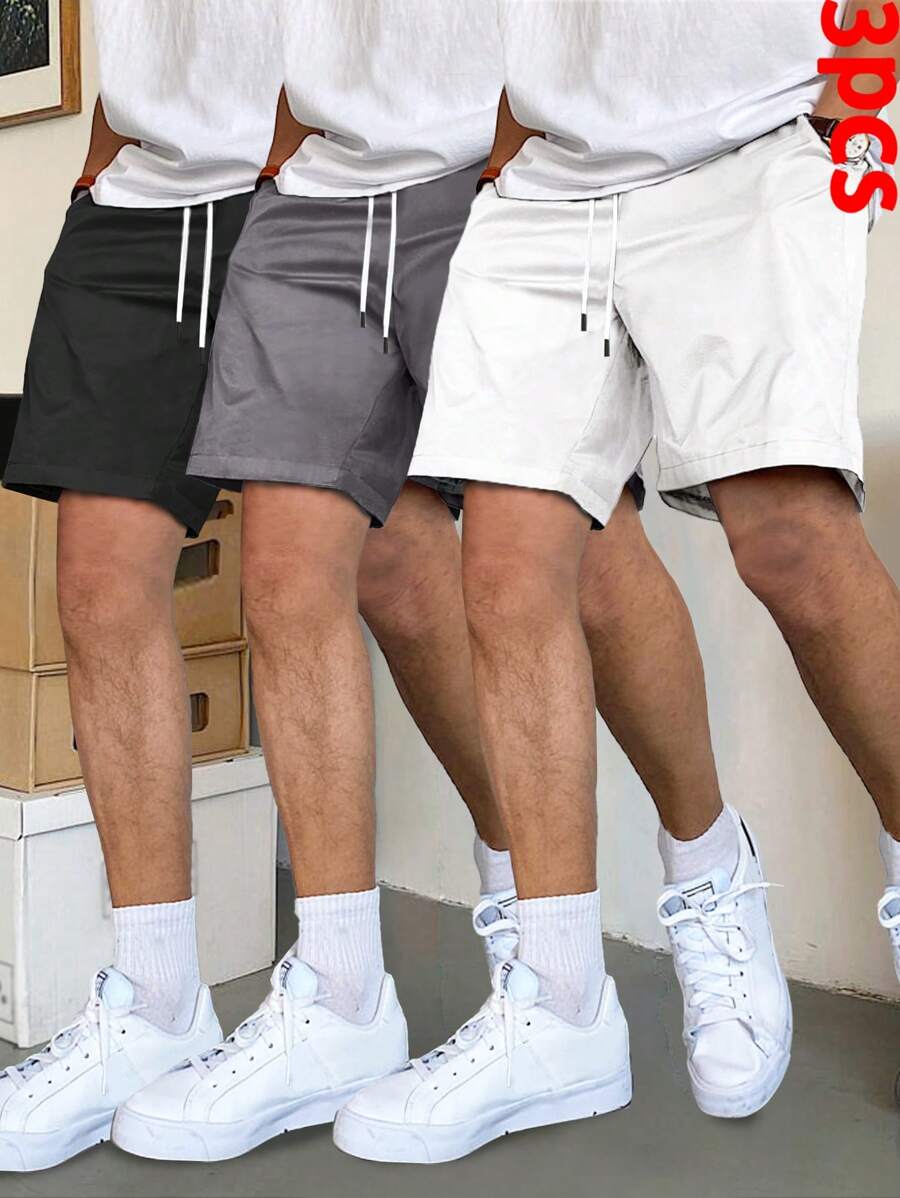 Manfinity Homme 3 件男士休闲面料短裤:多色短裤,带口袋,适合日常穿着,舒适又时尚 - 彩色 - 查看 1