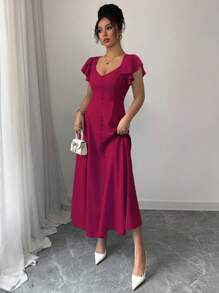 Elenzga Nuevo vestido largo, de ajuste ceñido, con cuello de corazón, de manga corta, diseño francés de nicho, color azul, adecuado para citas y vacaciones. Colección primavera/verano 2025