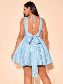 SHEIN BAE Plus Size Women Elegant Sexy Bowknot V-Neck Jacquard Satin A-Line Mini Dress, Back To School Dress, Short Dress,Birthday Dresses For Women