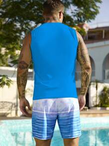 Manfinity Swimmode 2pcs Men's Letter Print Vest & Shorts Swimwear Set,Hawaiian - Blue - View 2