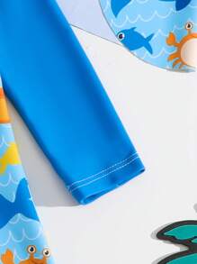 Neonato Costume da bagno una pezza con stampa di animali cartoni animati e colore a contrasto, manica lunga, con cappello incluso