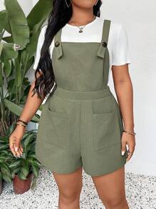 SHEIN LUNE 2pcs/Set Casual Versatile Plus Size Women's T-Shirt And Bib Shorts Jumpsuit Country Concert Outfit Graduation Outfit Summer Outfits For Women Brunch Outfits For Women Mother's Day Church Outfits Women - Multicolor - View 1