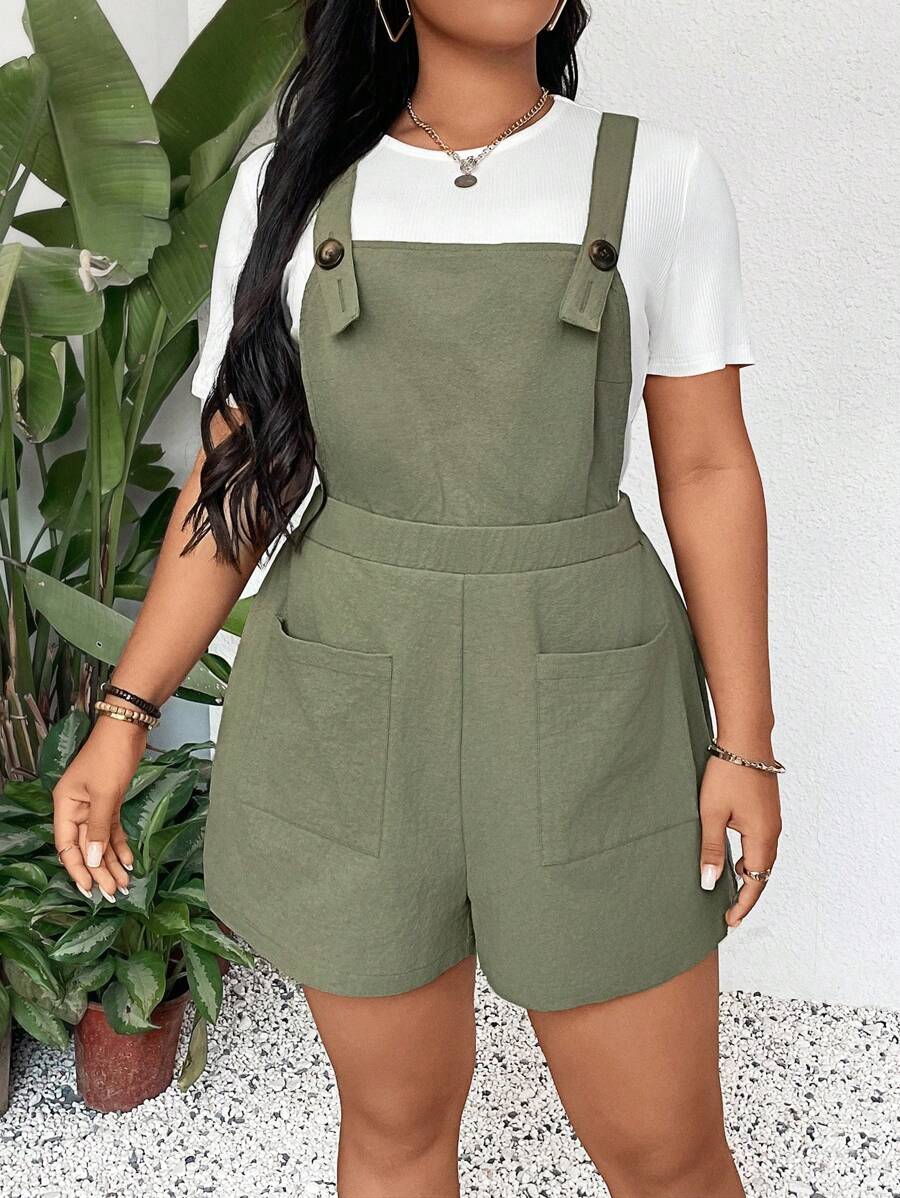 SHEIN LUNE 2pcs/Set Casual Versatile Plus Size Women's T-Shirt And Bib Shorts Jumpsuit Country Concert Outfit Graduation Outfit Summer Outfits For Women Brunch Outfits For Women Mother's Day Church Outfits Women - Multicolor - View 1