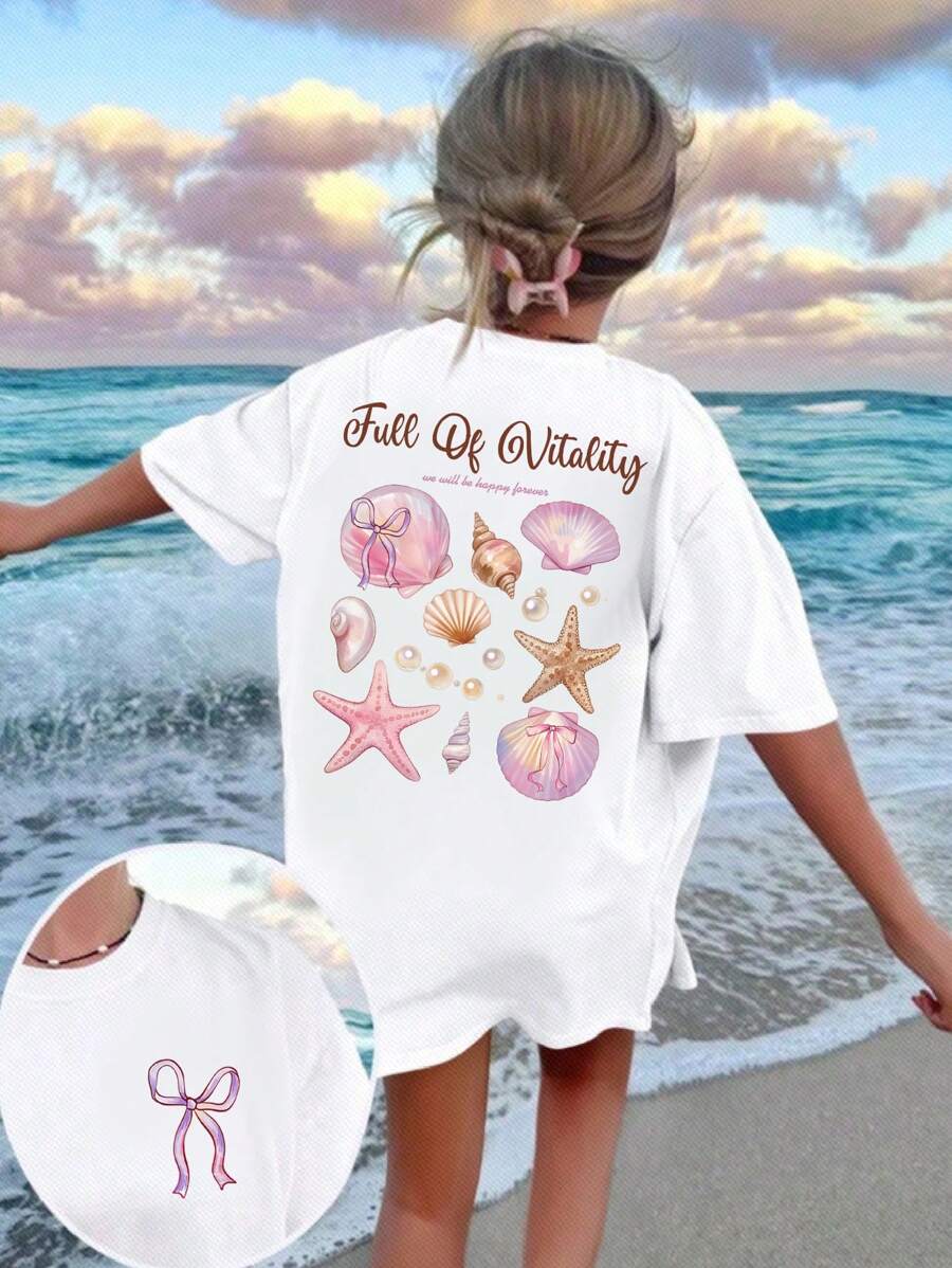 女童活力十足贝壳珍珠蝴蝶结海星印花圆领短袖白色T恤,夏季 - 白色 - 查看 1