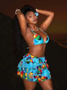 Slaydiva 2025 Spring/Summer New Beachside Vacation Romantic Music Festival Inspired Water Blue Geometric Print Sheer Overlay Ruffled Tankini Top Paired With Multi-Tier Ruffle Skirt Swimsuit Set ,Country Concert Outfit - Teal Blue - View 3