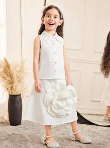 SHEIN 2 Stücke Kleine Mädchen Lässig minimalistischer, komfortabler Polokragen, Perlen Dekor, 3D Blumen Ärmellos Shirt und Mini Rock Set