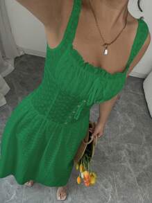 Chiquease 刺绣面料纯色修身紧身连衣裙，方形领口，褶皱胸围，正面系蝴蝶结，荷叶边下摆，纽扣闭合，喇叭形长裙廓形，优雅性感波西米亚度假风格，适合春夏 - 綠色 - 查看 7