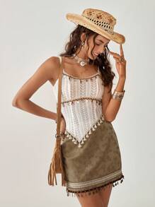 Florisole 2pcs/Set Summer Casual Pendant Decor Spaghetti Strap Jacquard Skirt Set - White - View 3