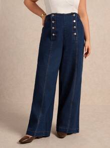 Elaquor Plus Size Women Loose Pockets Wide Leg Casual Jeans, Versatile, Old Money - Dark Wash - View 5