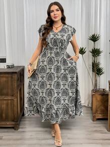 SHEIN LUNE Plus Size Women's Paisley Black And White,Summer,Boho,Elegant,Tea Party Shirred Cap Sleeve Cinched Waist Ruffle Hem Dress Graduation Beach Vacation - Multicolor - View 1