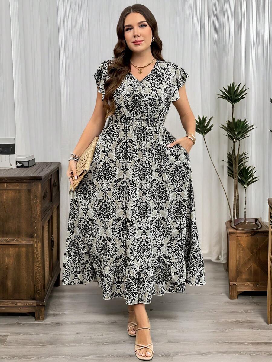SHEIN LUNE Plus Size Women's Paisley Black And White,Summer,Boho,Elegant,Tea Party Shirred Cap Sleeve Cinched Waist Ruffle Hem Dress Graduation Beach Vacation - Multicolor - View 1