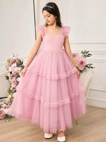 Pitira Pitira Tween Girl Elegant Pink Mesh Ruffle Hem Summer Dress - Pink - View 4