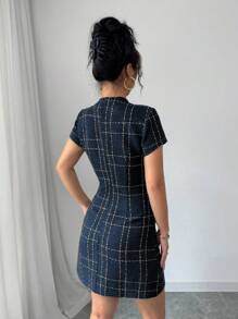 Elenzga Váy ngắn nữ vải tuýt kẻ caro kiểu Pháp thanh lịch có túi trang trí - Màu xanh hải quân - Xem 2