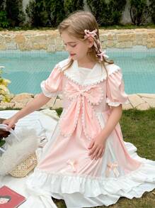 Tween Girl Elegant & Cute Luxurious Princess Style Bow Decor Fluffy Tutu Dress - Multicolor - View 7