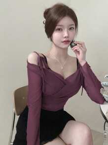 DAZY 女士纯色褶皱细肩带网眼紧身长袖 T 恤，适合夏季 - 紫色 - 查看 5