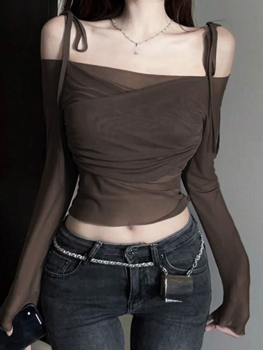 DAZY Women Solid Color Mesh Ruched Short Long Sleeve T-Shirt - Brown - View 1