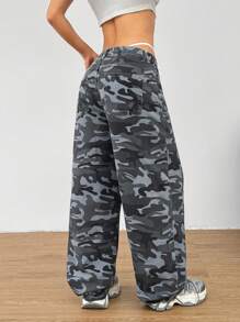 SHEIN ICON 女式迷彩印花口袋宽松休闲牛仔裤 - 灰色 - 查看 2