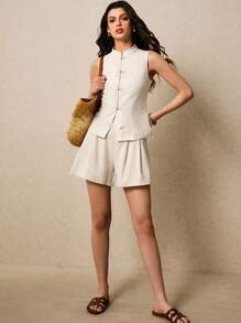 Poéselle 女士两件套,两件套服装,亚麻套装,新中式两件套,舒适透气的面料,适合夏季、通勤、街头、度假、居家,女士优雅纯色纽扣装饰吊带背心和短裤套装,夏季,