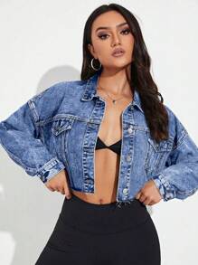 SHEIN Essnce Women's Drop Shoulder Long Sleeve Single Breasted Casual Versatile Denim Jacket - Medium Wash - View 1