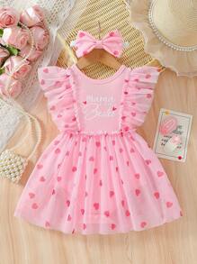 SHEIN Mother's Day "I Love Mom" Party Outfit, Baby Girls' Sweet Heart Mesh Letter Print Pink Bodysuit With Matching Headband, Suitable For Holidays & Outings - Pink - View 8