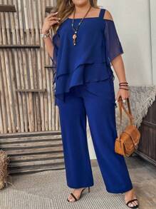Momelise 2pcs/Set Plus Size Women Royal Blue Summer Elegant Wedding Guest Wedding Outfits,Asymmetric Collar Ruffle Hem Blouse And Pants Set Curve Clothes - Royal Blue - View 5