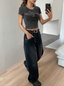 DAZY 女士钻石图案撞色圆领修身 T 恤可爱上衣、图案 T 恤 - 灰色 - 查看 4