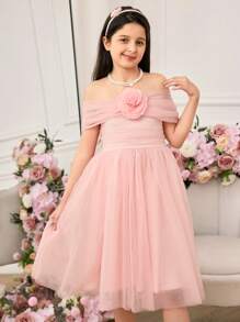 Tween Girl Elegant Pink Mesh Floral Dress, Summer - Pink - View 5
