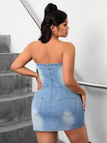 SHEIN ICON Plus Size Women Cross Applique Form-Fitting Denim Dress - Blue - View 2
